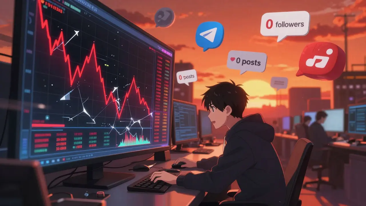 A trader watching FPEPE prices crash on a shattered hologram amid empty social media bubbles.