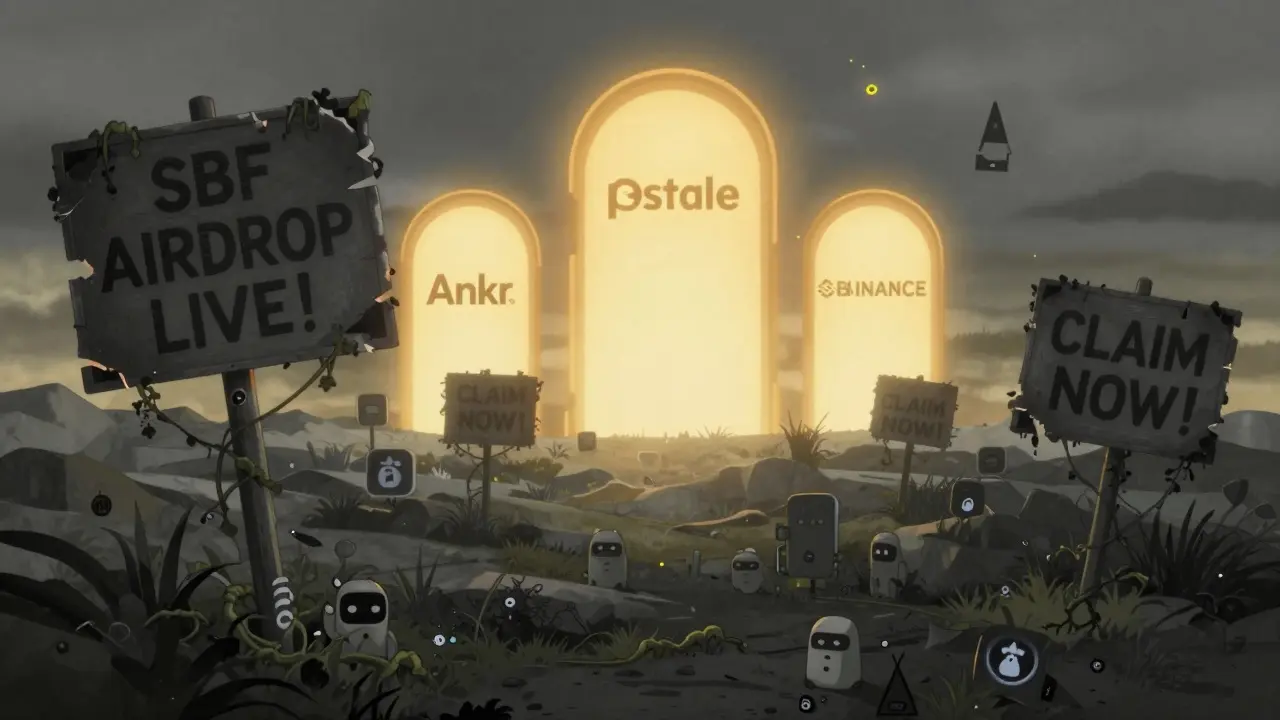 Abandoned airdrop signs in a digital wasteland while trusted platforms glow in the distance.