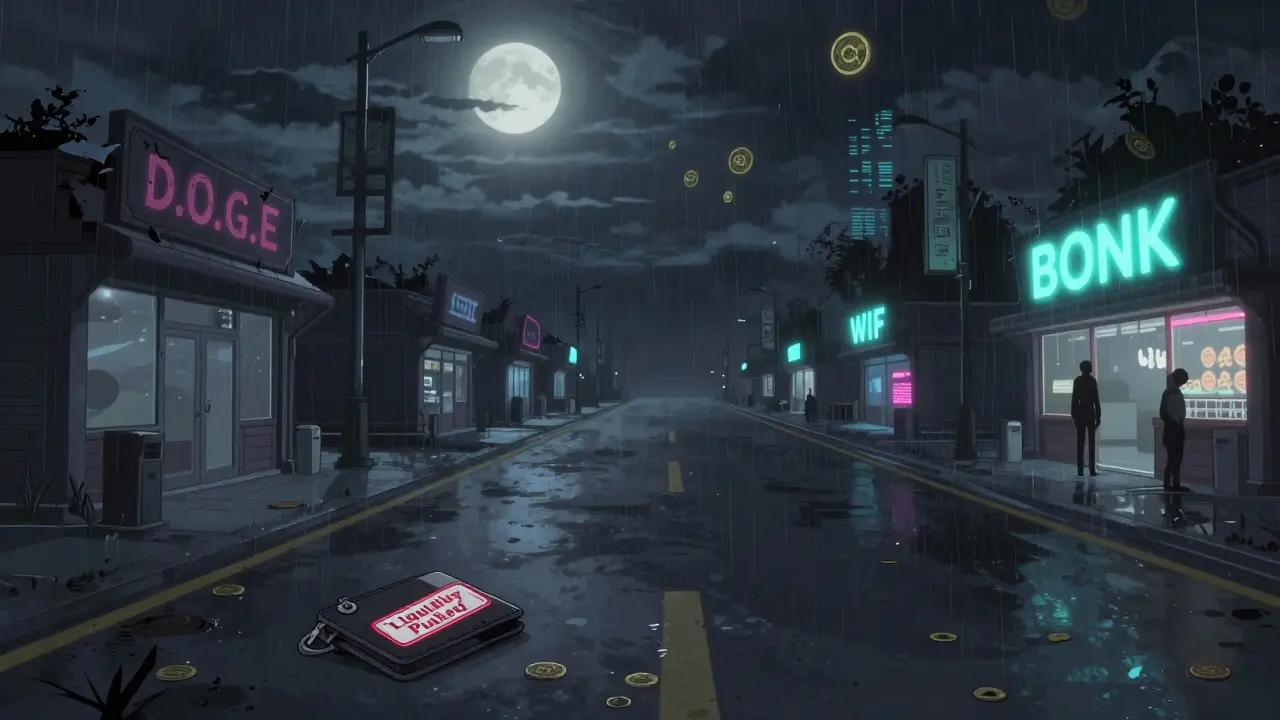An abandoned D.O.G.E storefront on a dark Solana highway, with WIF and BONK glowing in the distance.