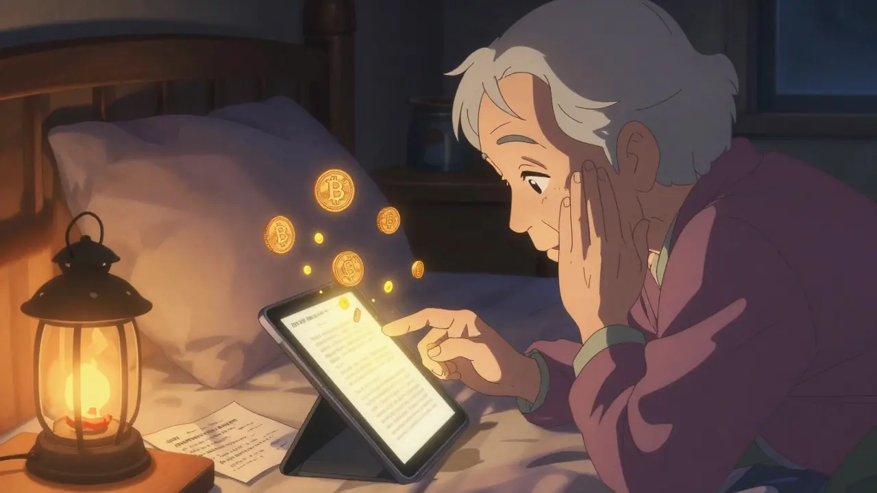 An elderly person restoring access to their crypto wallet with a warm glow, as a seed phrase burns away.