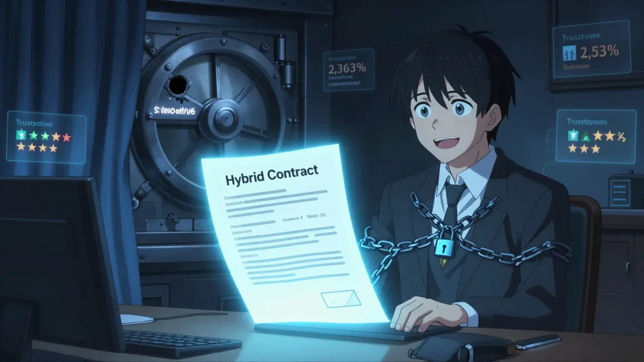 Anime illustration of a fake contract with digital chains trapping a user, while a scammer whispers false promises.