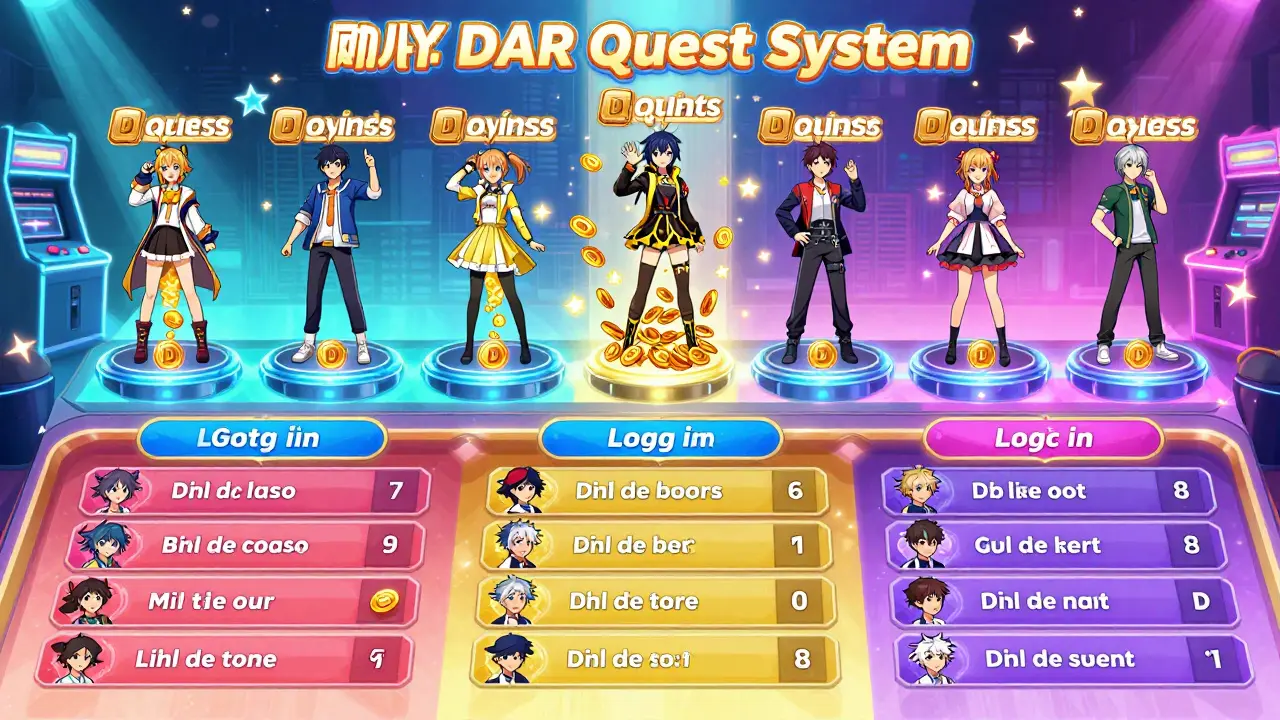 Anime leaderboard with players receiving glowing D tokens as rewards in a digital arena.