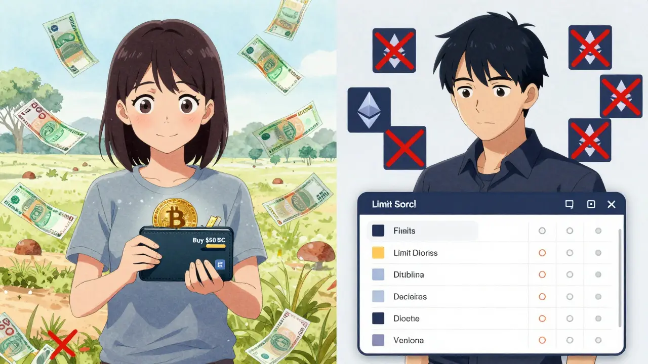 Beginner celebrating instant Bitcoin purchase while experienced trader ignores altcoin icons.