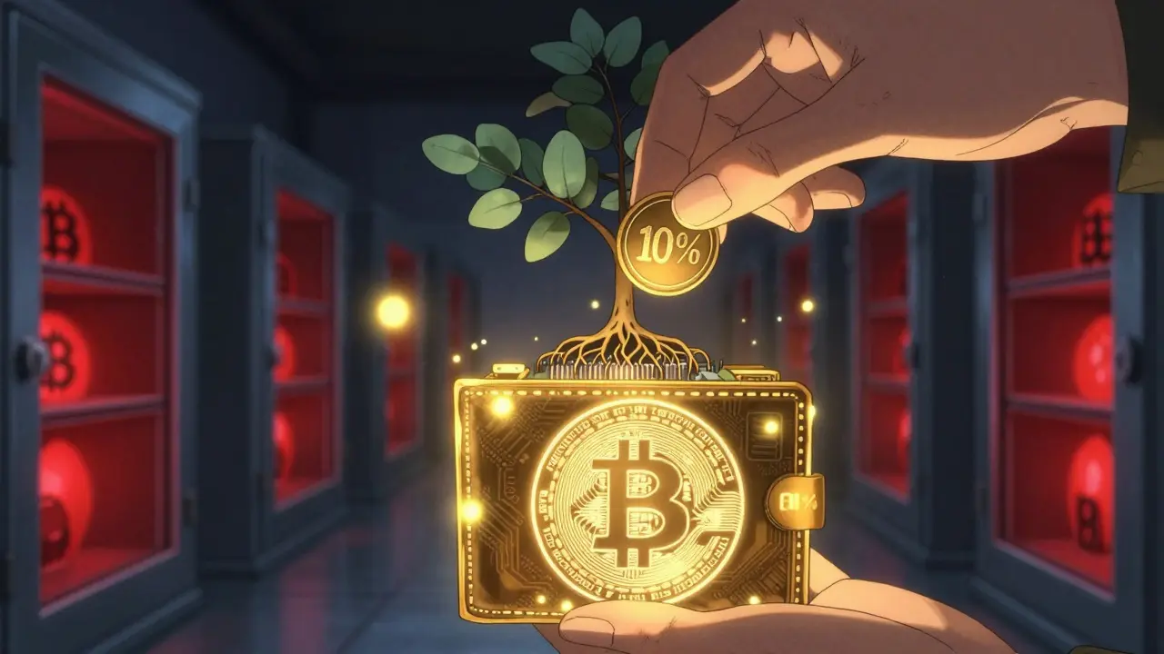 Bitcoin wallet with one-time addresses and a donation token feeding a digital tree in Australian bush.