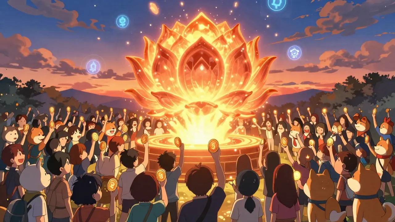 Community members releasing tokens into a lotus-shaped burn portal with sparkling light.