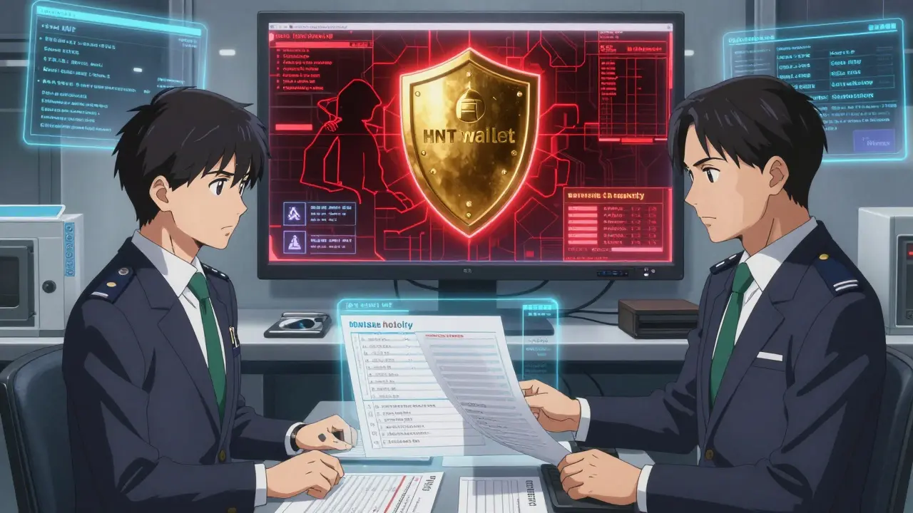 Compliance officers in Osaka analyzing blockchain audits, hacker attempt blocked by reserve asset shield.