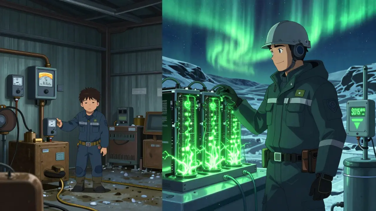 Contrasting miners: one shutting down old equipment in expensive power, another thriving in a geothermal plant with green energy.