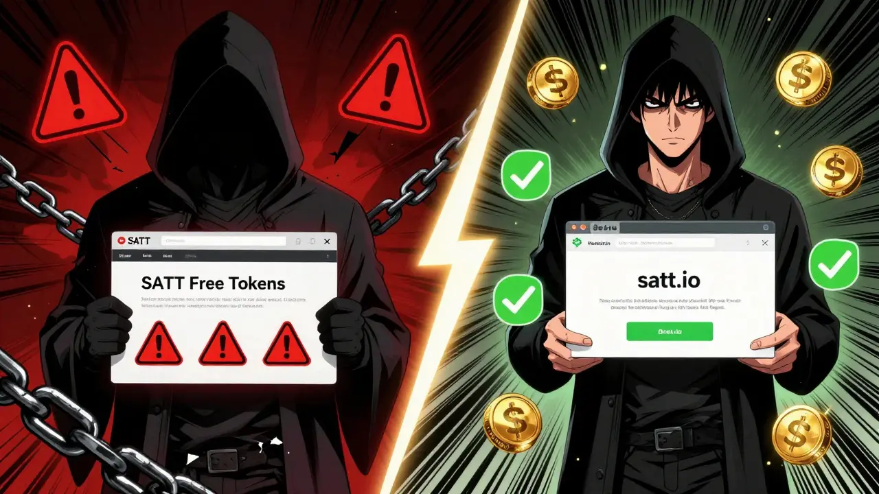 Contrasting scene: a scammer in shadows vs. a user safely claiming SATT tokens on the official website.