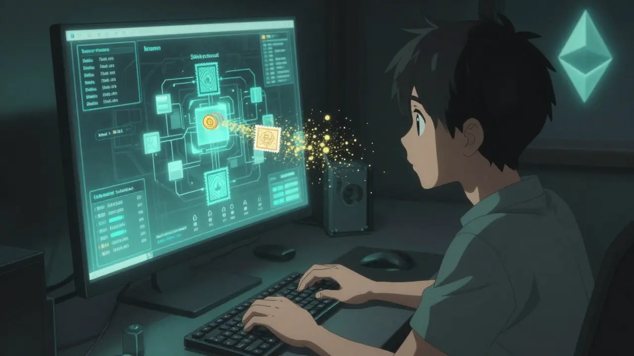 Developer interacting with a holographic Swarm node interface, postage stamp dissolving into golden particles.