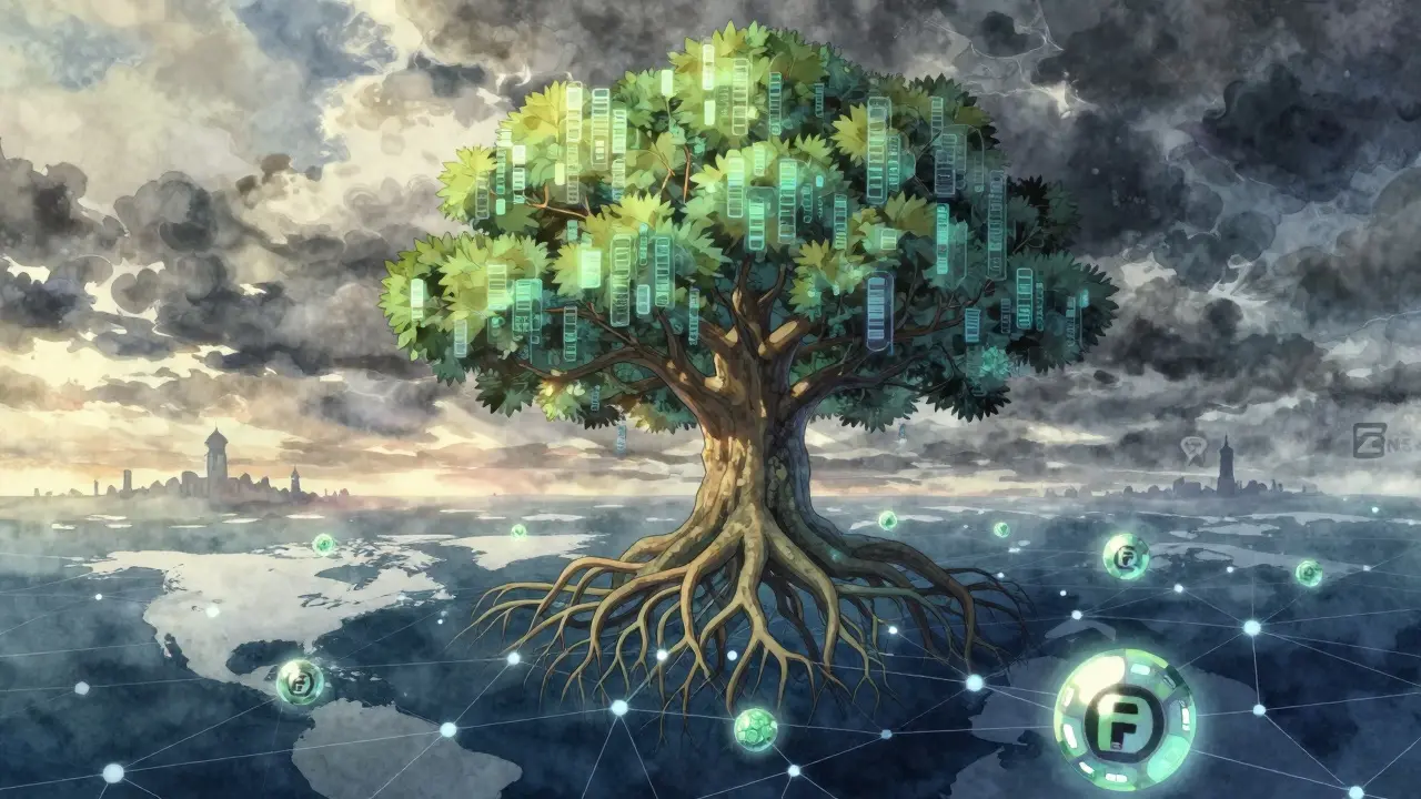 Digital tree with encrypted file leaves and distributed node roots under dawn light in anime style.
