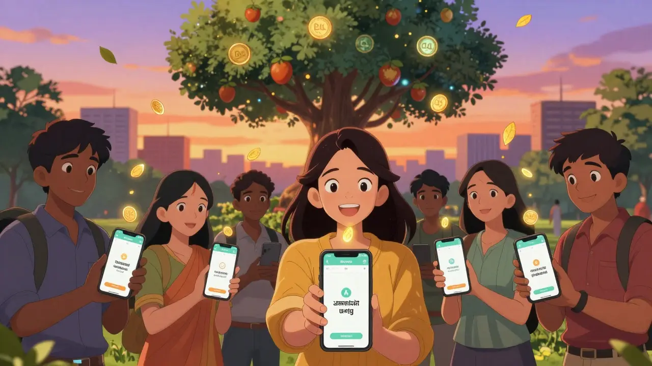 Diverse Indian users staking crypto in park with app in multiple regional languages
