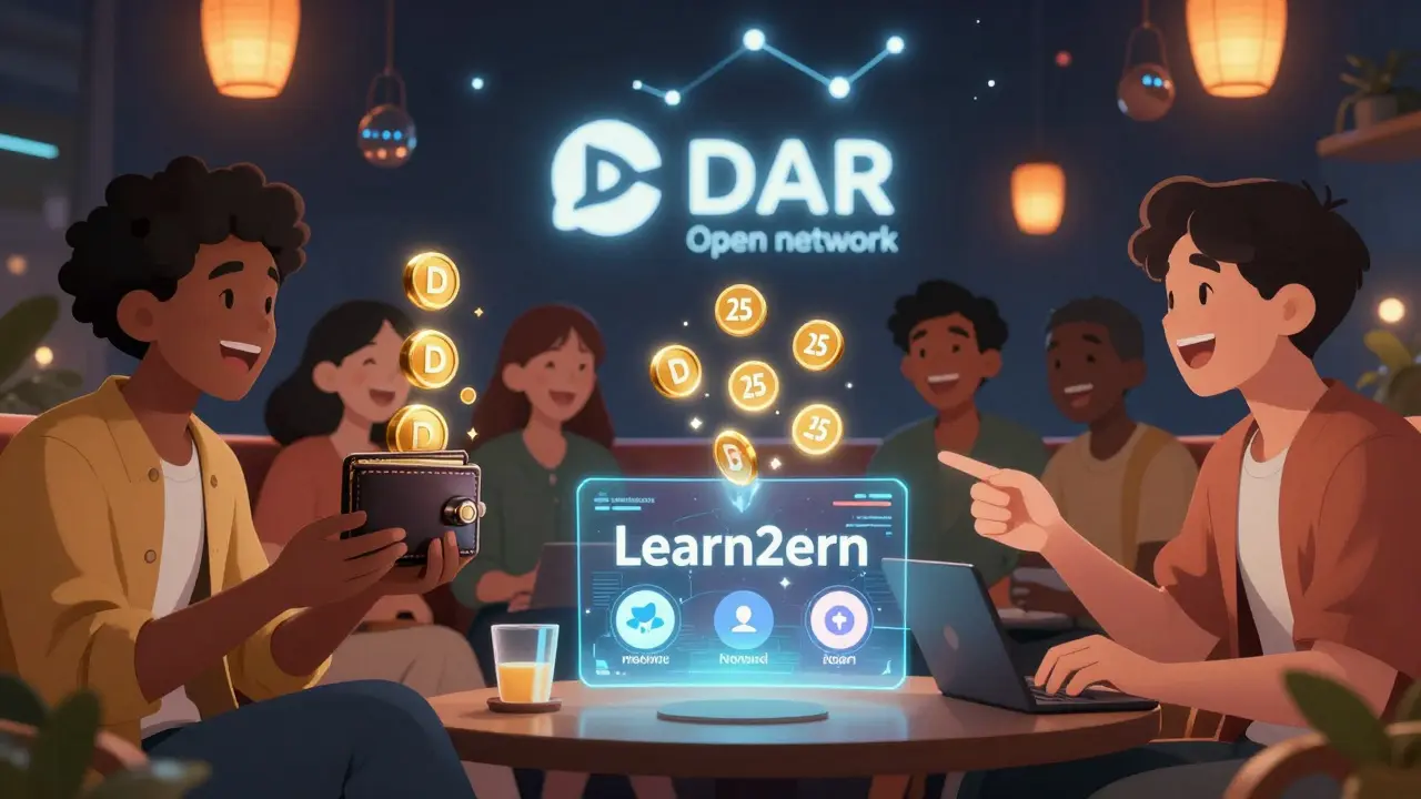 Friends in a virtual lounge celebrating D token rewards from quests and referrals.