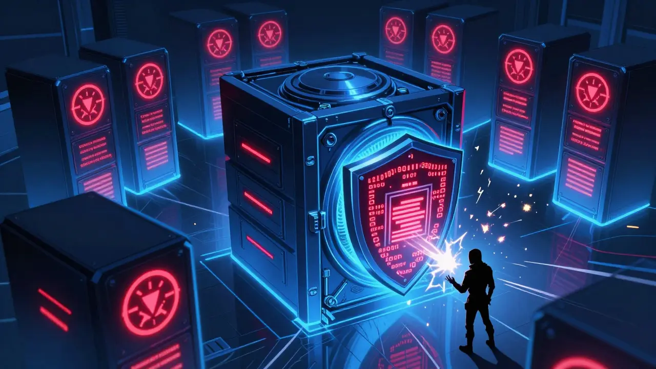 Futuristic digital vault protected by glowing security symbols and 2FA shields