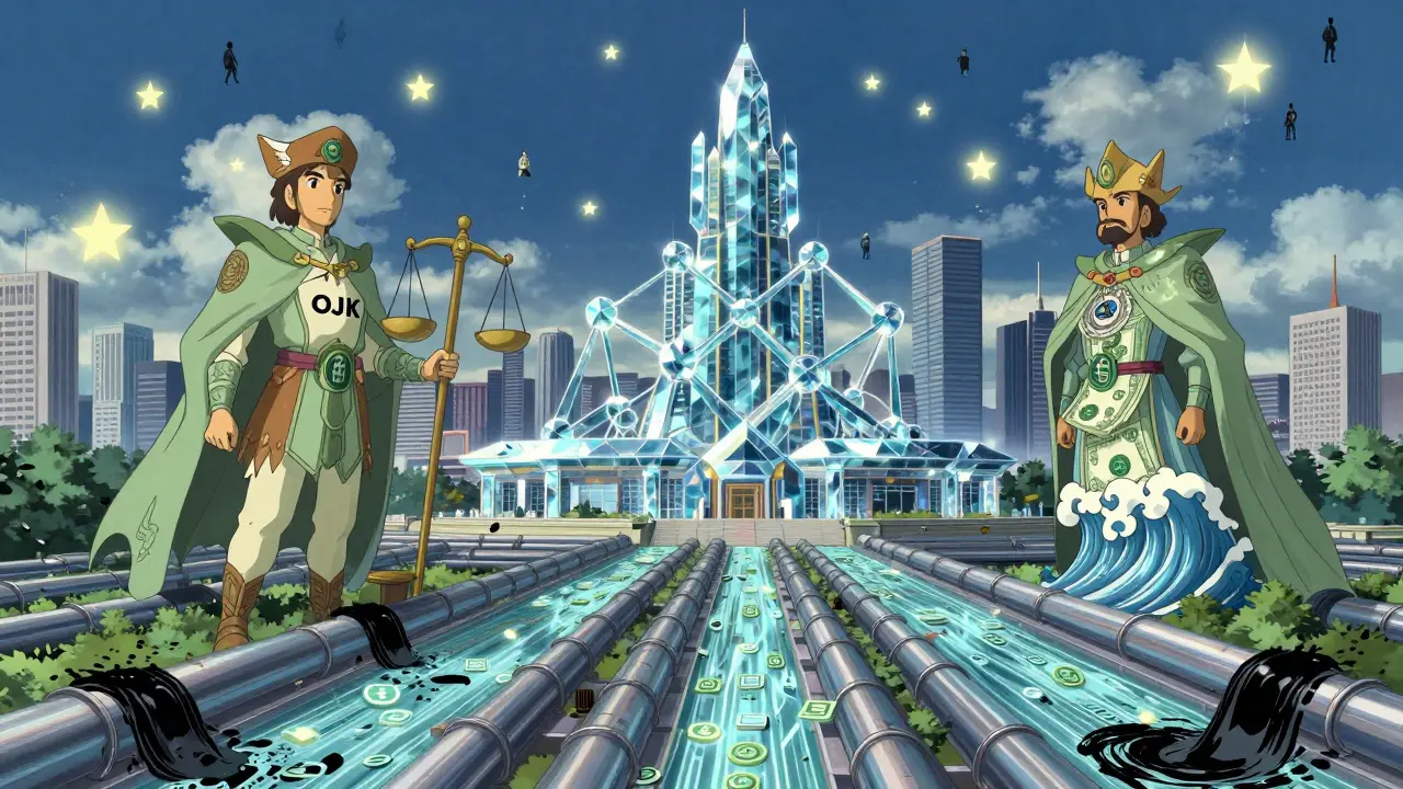 Futuristic financial temple in Jakarta guarded by OJK and BI guardians, with regulated crypto streams flowing below.