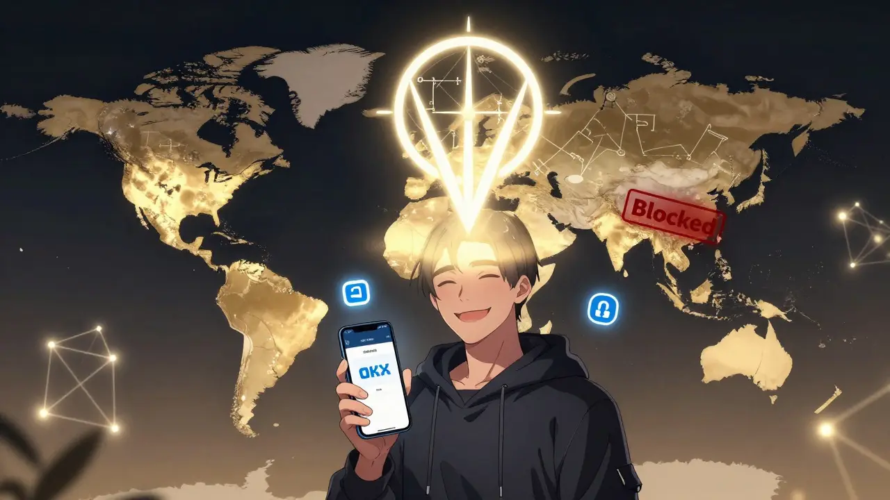 Glowing zk-STARK proof over a global map with US blocked, user holding OKX app confidently.