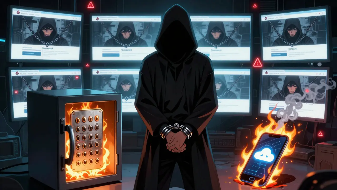 Hacker surrounded by scam websites while a secure metal seed plate glows safely in a safe.