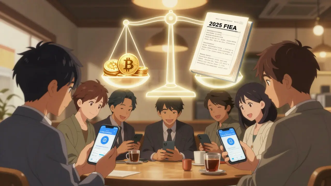 Japanese traders in a café smiling at secure exchange apps, FIEA law book glowing above them in 2026.