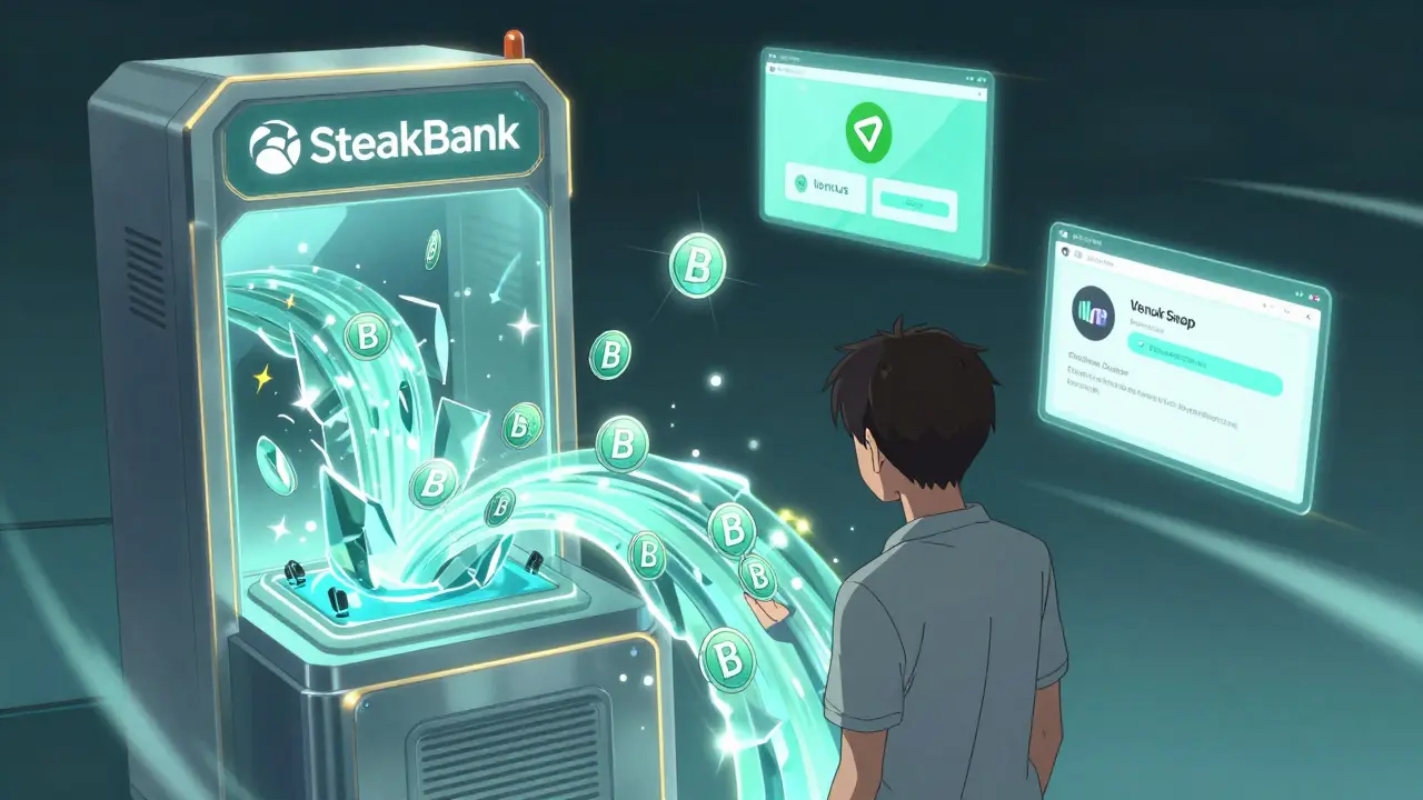 Liquid staking system on BSC with BNB turning into bBNB tokens flowing through DeFi apps.