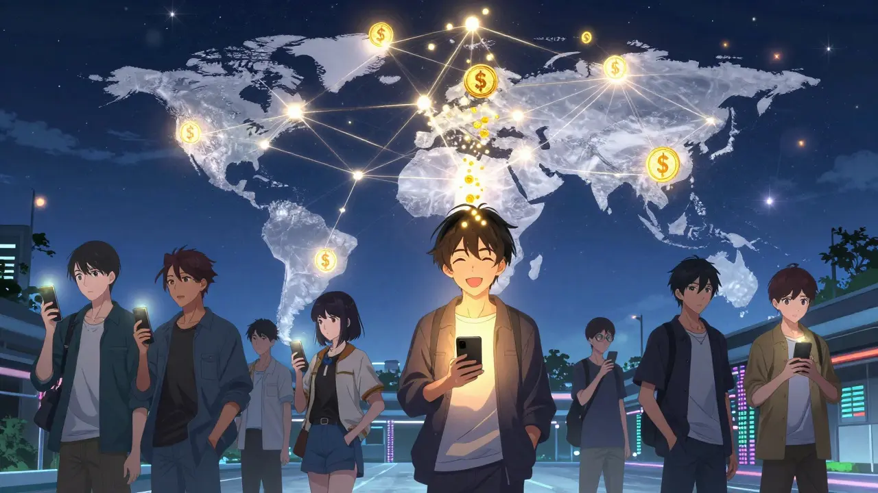 People holding phones that release $NODL tokens into a global network above a map.