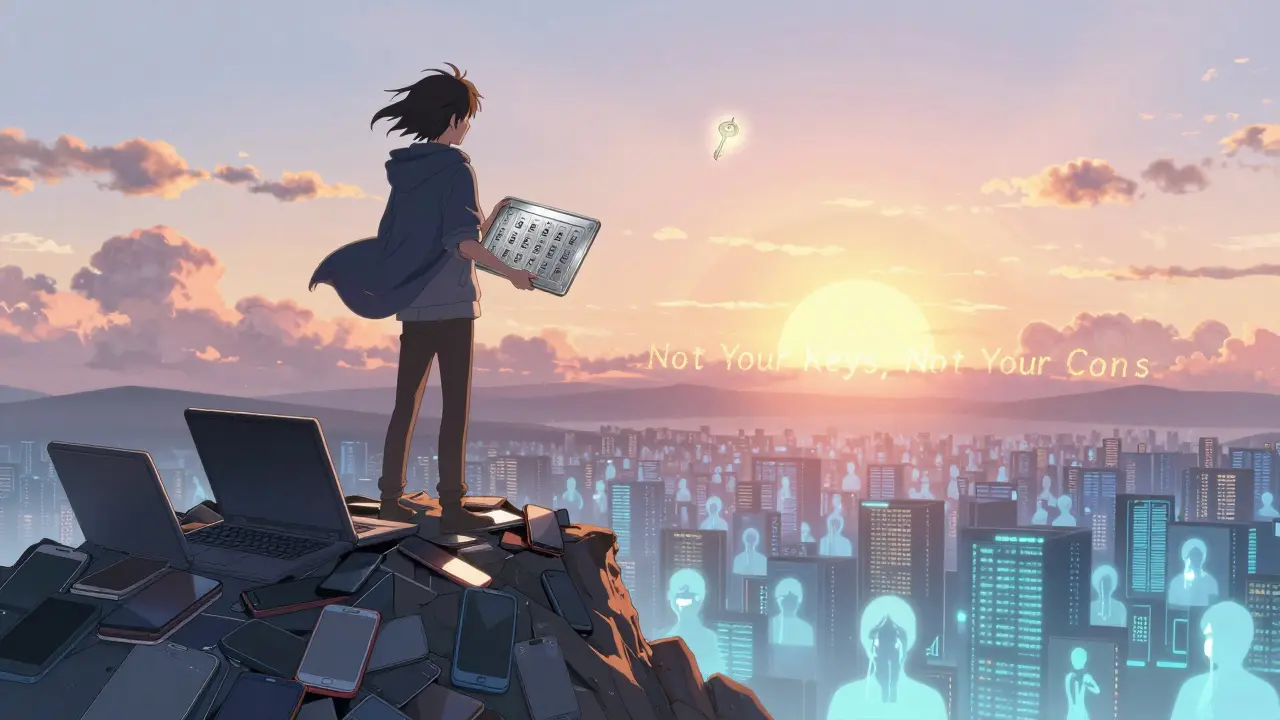 Person holding metal seed plate atop a mountain of discarded devices as lost crypto ghosts lie below.