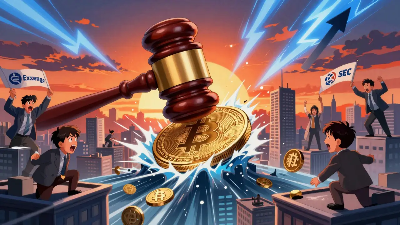 Regulatory gavel smashing a Bitcoin coin, causing shockwaves through a city of crypto symbols and reacting investors under dramatic skies.
