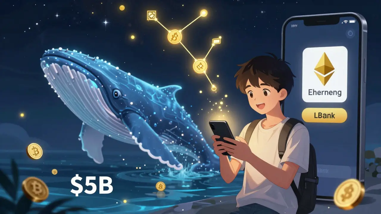 Teen staking Ethereum on a phone, golden reward particles rising into a starry sky with a crypto whale below.