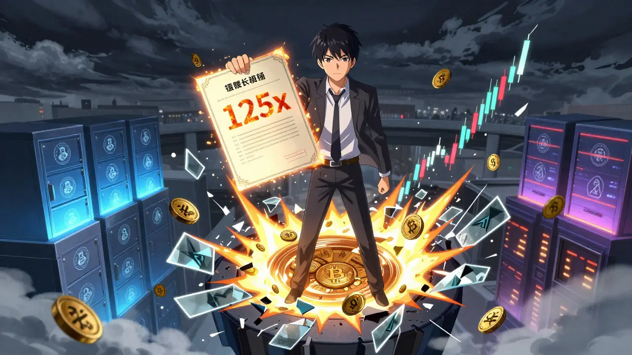 Trader on a floating platform engaging with a 125x leverage futures contract amid digital currency explosions.