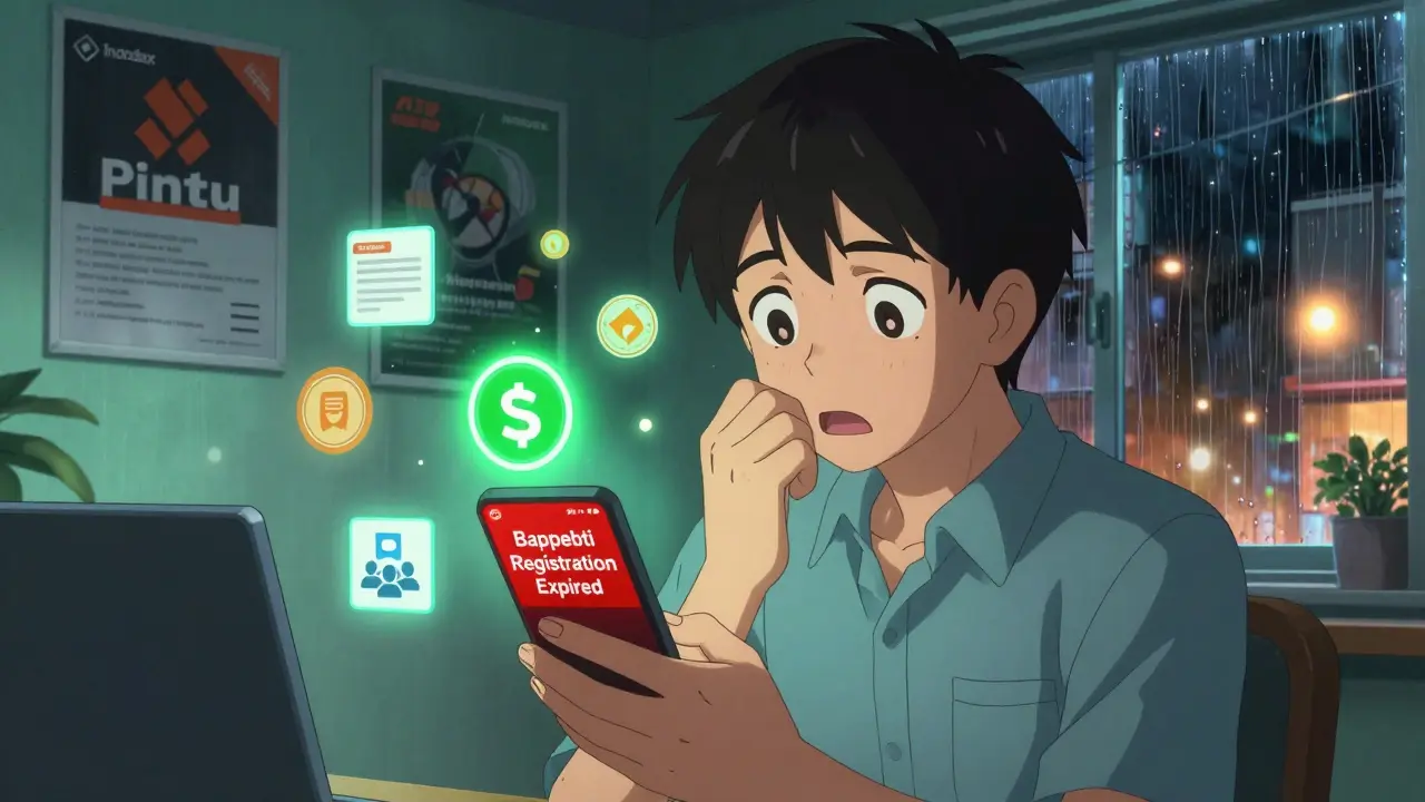 Young investor checking phone with expired Bappebti warning and new OJK license glowing on screen.