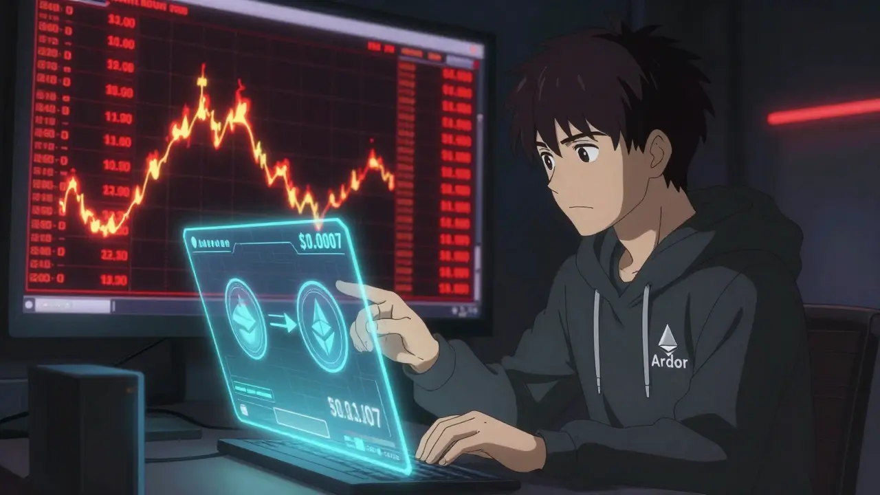 A calm trader using Ardor DEX while chaotic Ethereum gas fees burn behind them in a cyberpunk room.