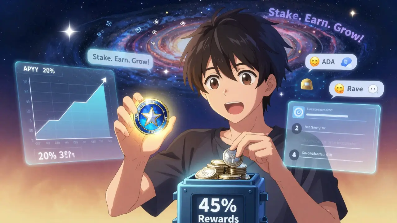 A character staking ASTRO tokens with rising APY charts and Discord reward notifications in the background.