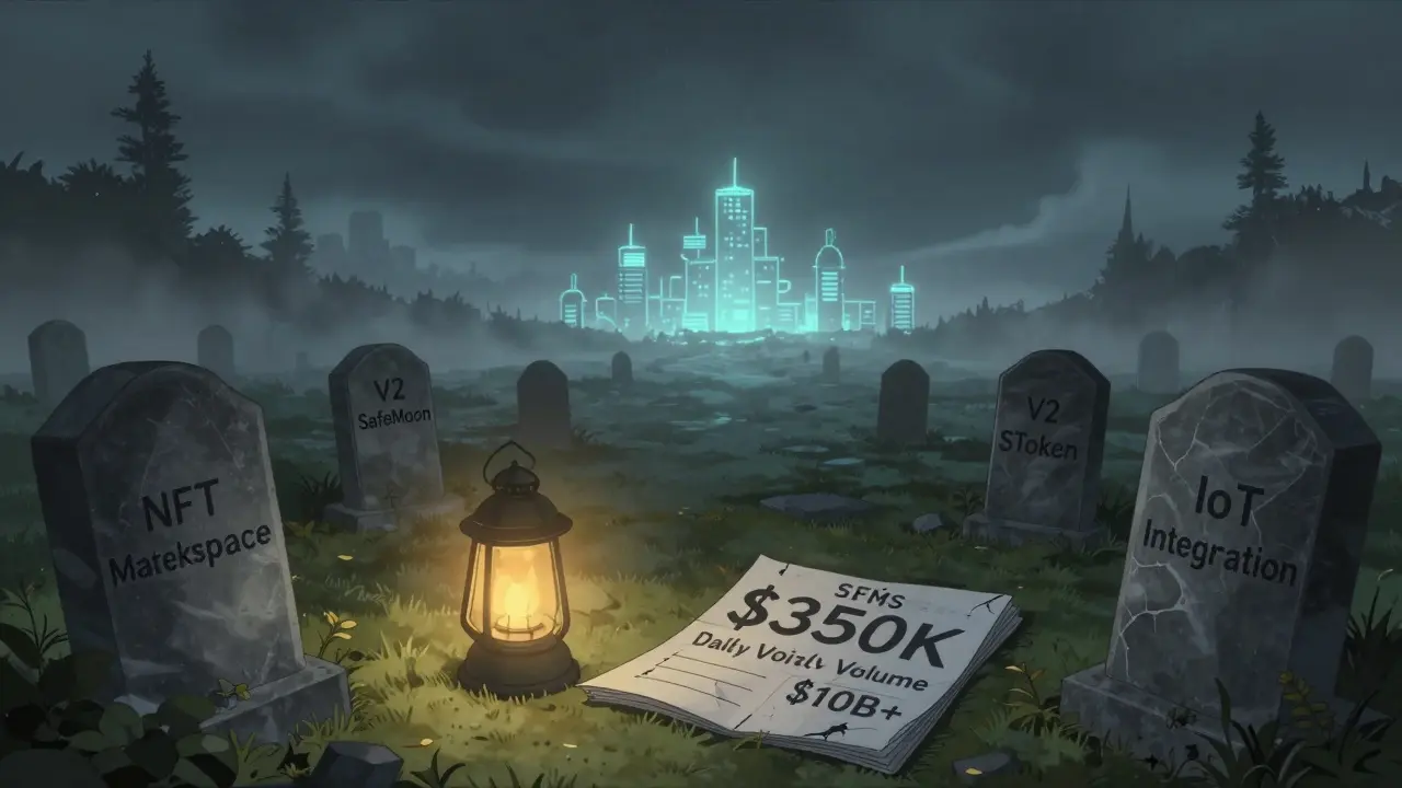 A crypto graveyard with tombstones for dead projects, one flickering token lantern glowing weakly.