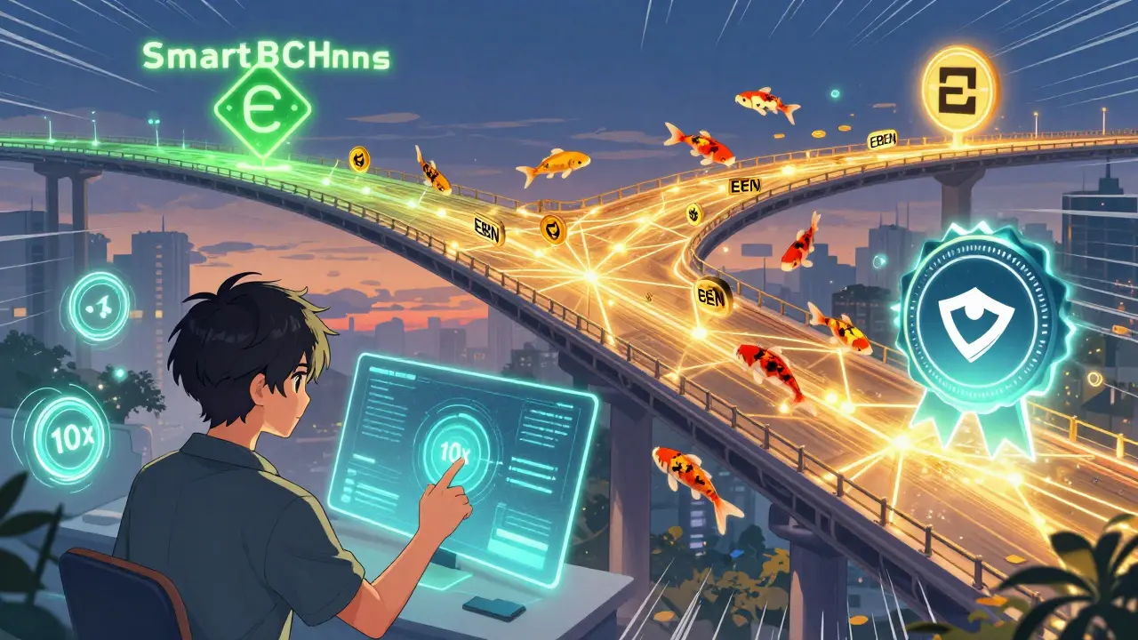 A digital bridge connecting SmartBCH to BNB Smart Chain, with EBEN tokens flying across as future DeFi features glow nearby.