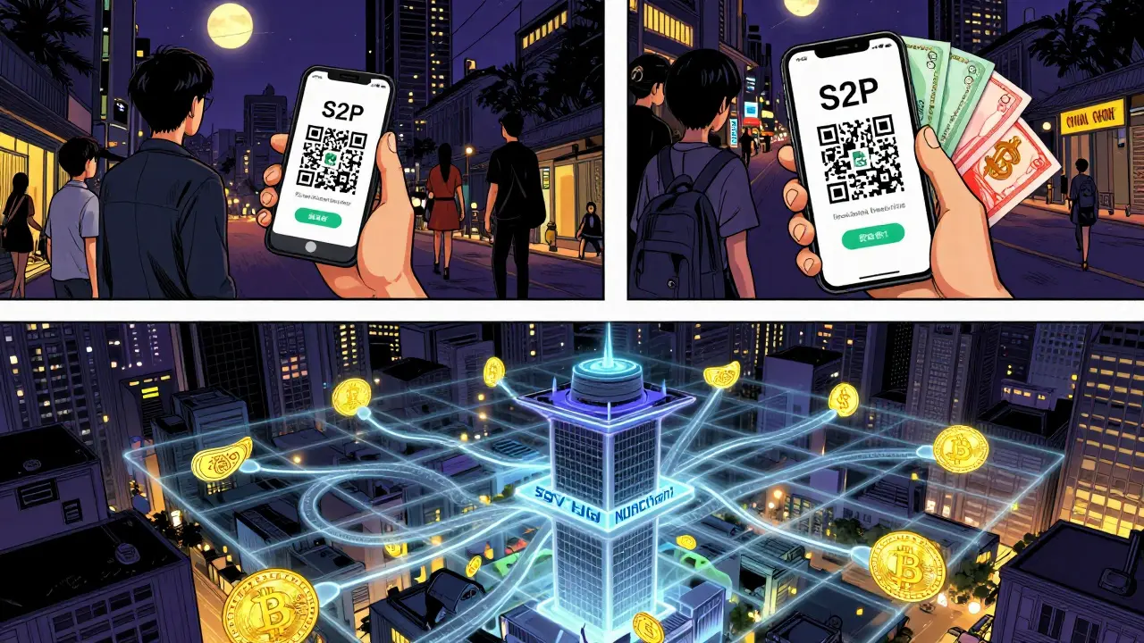 A dual-layered cityscape showing underground P2P crypto trades above and government surveillance grids below.