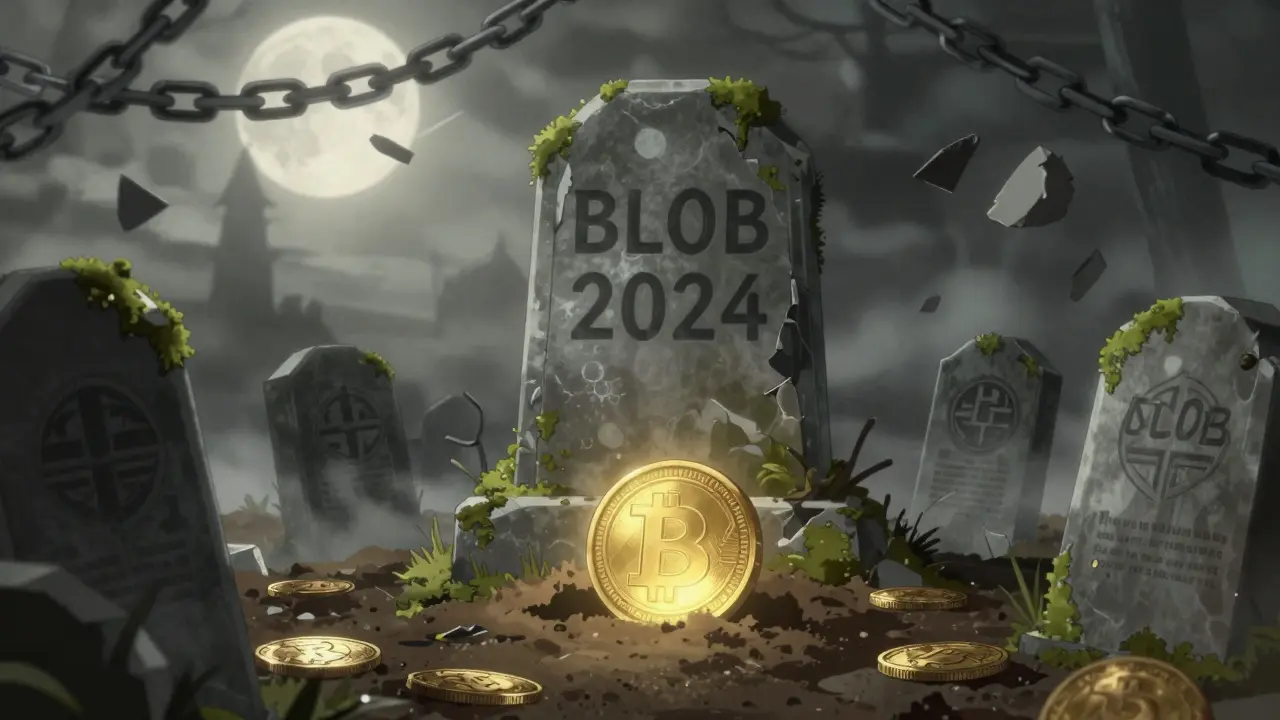 A forgotten crypto graveyard with a half-buried BLOB token under a crumbling monument.