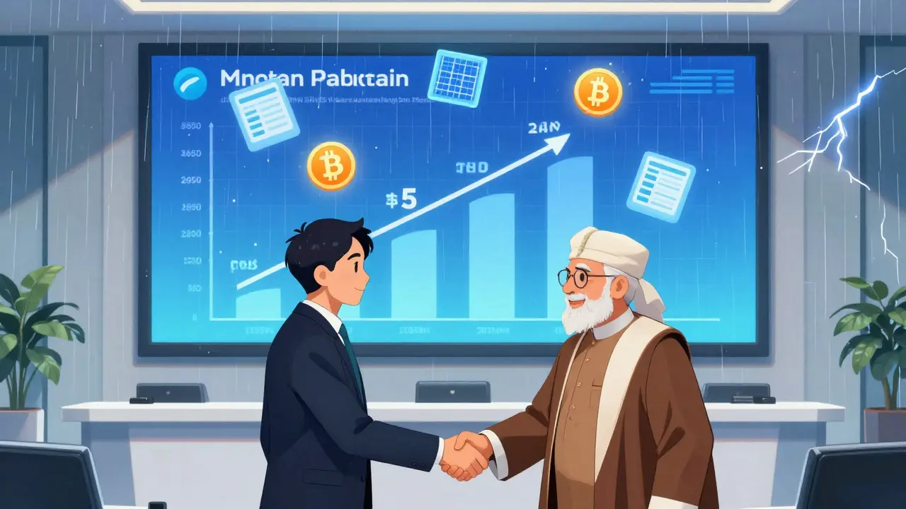 A global tech executive shakes hands with a Pakistani official as a hologram shows Pakistan rising in global mining rankings.