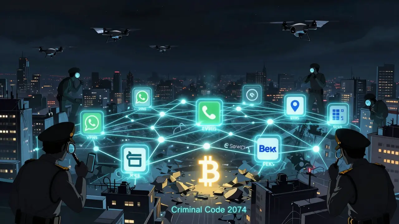 A glowing underground network of crypto tools connects beneath a city, while government enforcers hover above, unable to stop the digital flow.