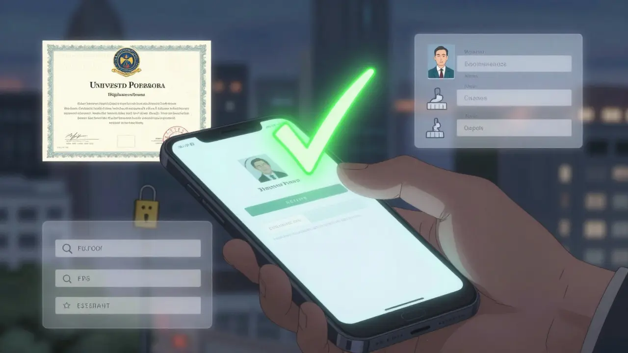 A hand activating a cryptographic verification with transparent scenes of secure data sharing across institutions.