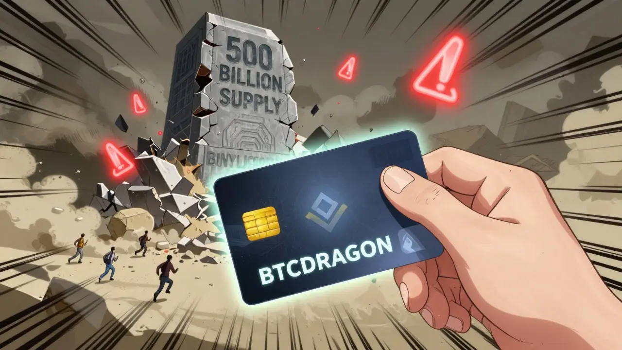 A hand hesitates to buy BTCDRAGON with a credit card as a massive '500 BILLION SUPPLY' monument crumbles behind it.