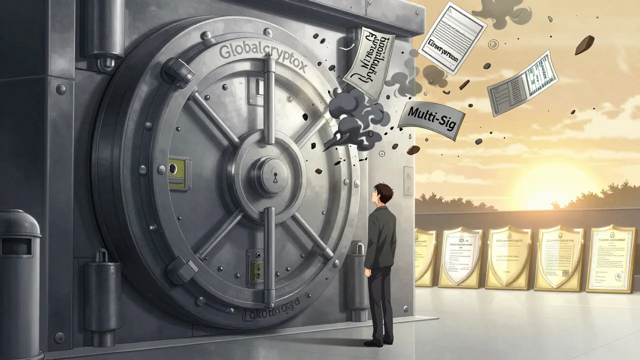 A lone figure before a locked vault with no access, fake claims dissolving as real exchanges glow in the distance.