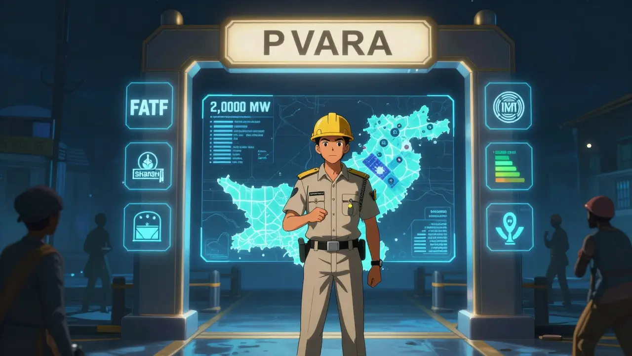 A PVARA officer reviewing digital compliance icons and a map showing allocated mining zones, while small miners fade into the background.