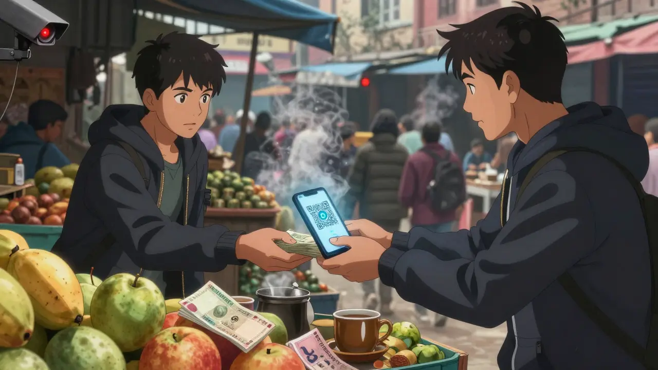 A secret crypto trade takes place at a Nepali market, with cash exchanged for digital assets while surveillance cameras watch nearby.