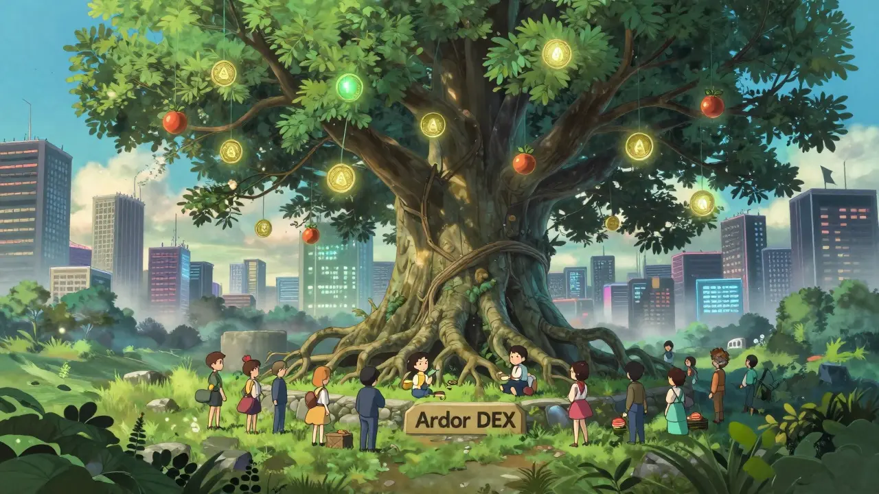 A serene digital ecosystem with an ARDR token tree trading custom tokens, contrasted against a chaotic DeFi city skyline.