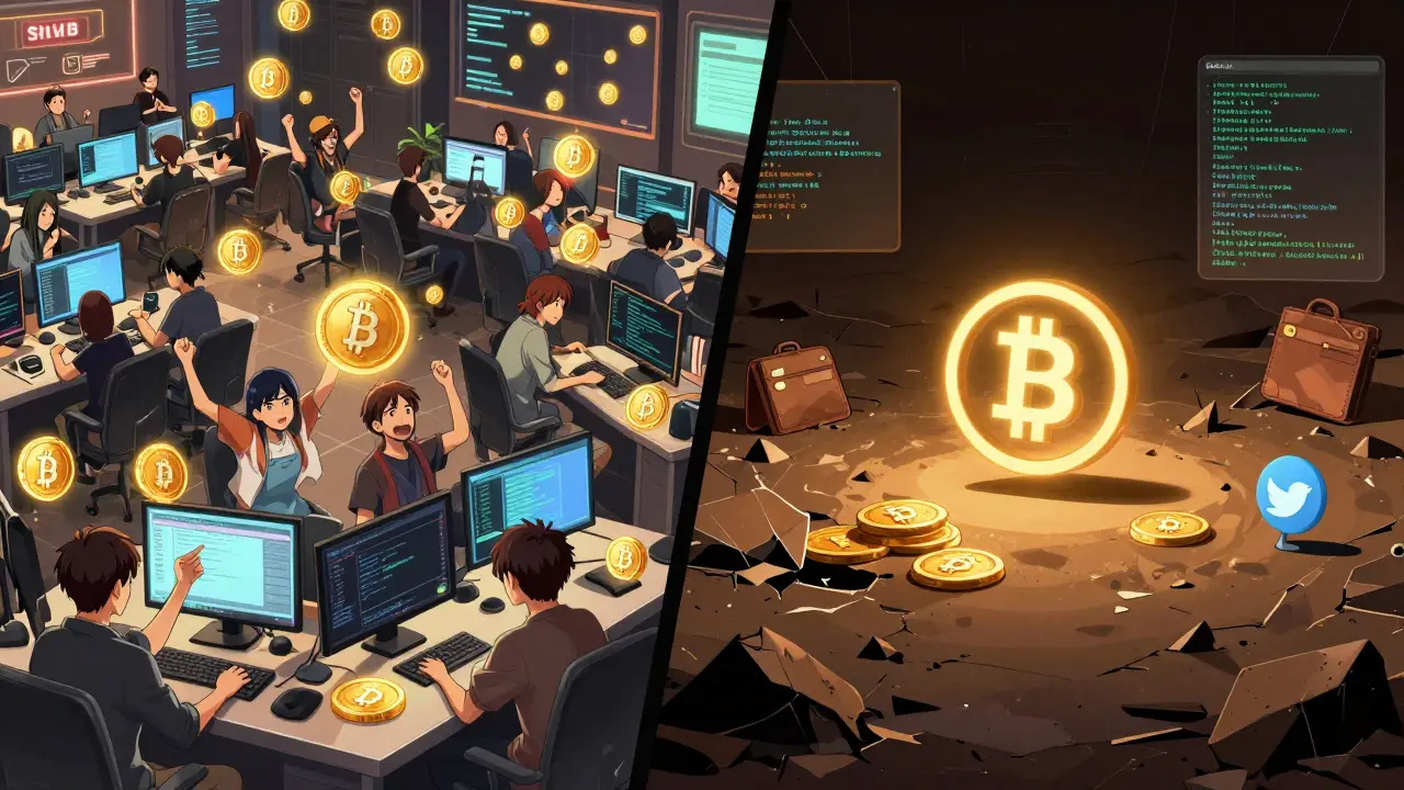 A split scene: vibrant crypto community on one side, a barren wasteland with a lonely BTCDRAGON token on the other.