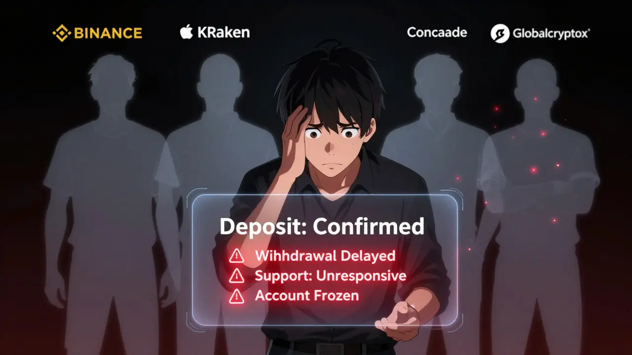 A trader facing warning messages on a flickering crypto interface, while trusted exchanges stand solid behind.