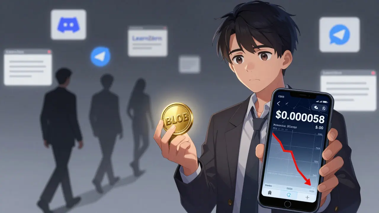 A young person watches their BLOB token value crash to zero on a cracked phone screen.