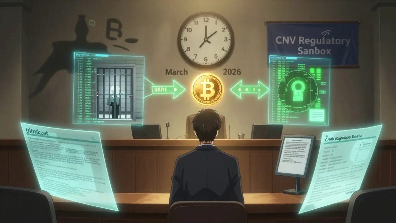 An individual faces legal consequences for unregistered crypto activity, with a glowing USDT coin splitting into paths of punishment or compliance.