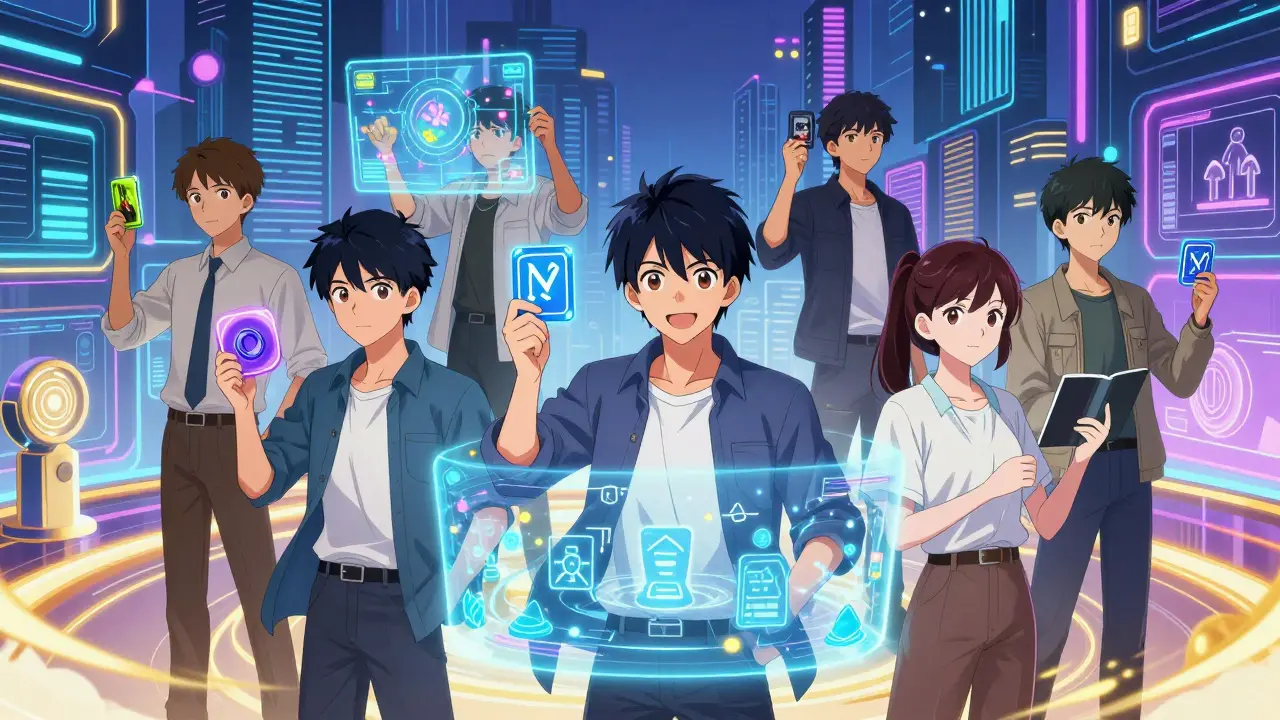 Anime character holding utility NFT unlocking holographic community gateway in futuristic city.