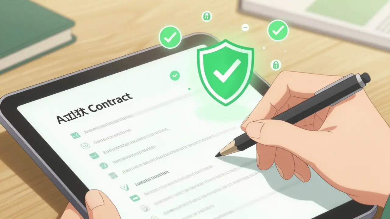 Anime-style hand reviewing audit report on tablet with shield and green checkmarks.