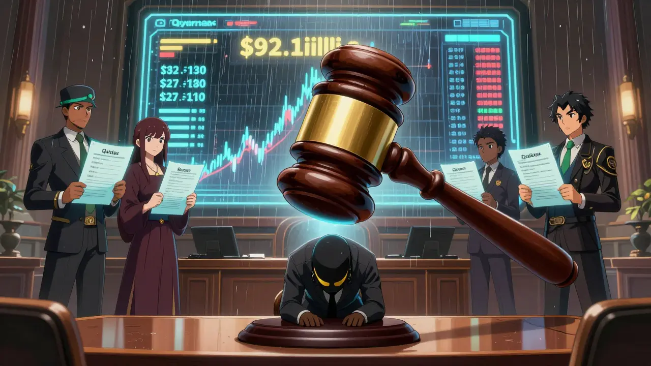 Binance's representative kneels before a blockchain gavel in a futuristic SEC courtroom, while licensed exchanges stand tall with compliance scrolls.