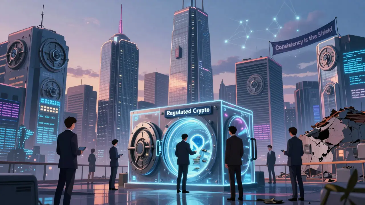 Canadian financial skyline with regulated crypto vaults and fallen unlicensed exchanges.